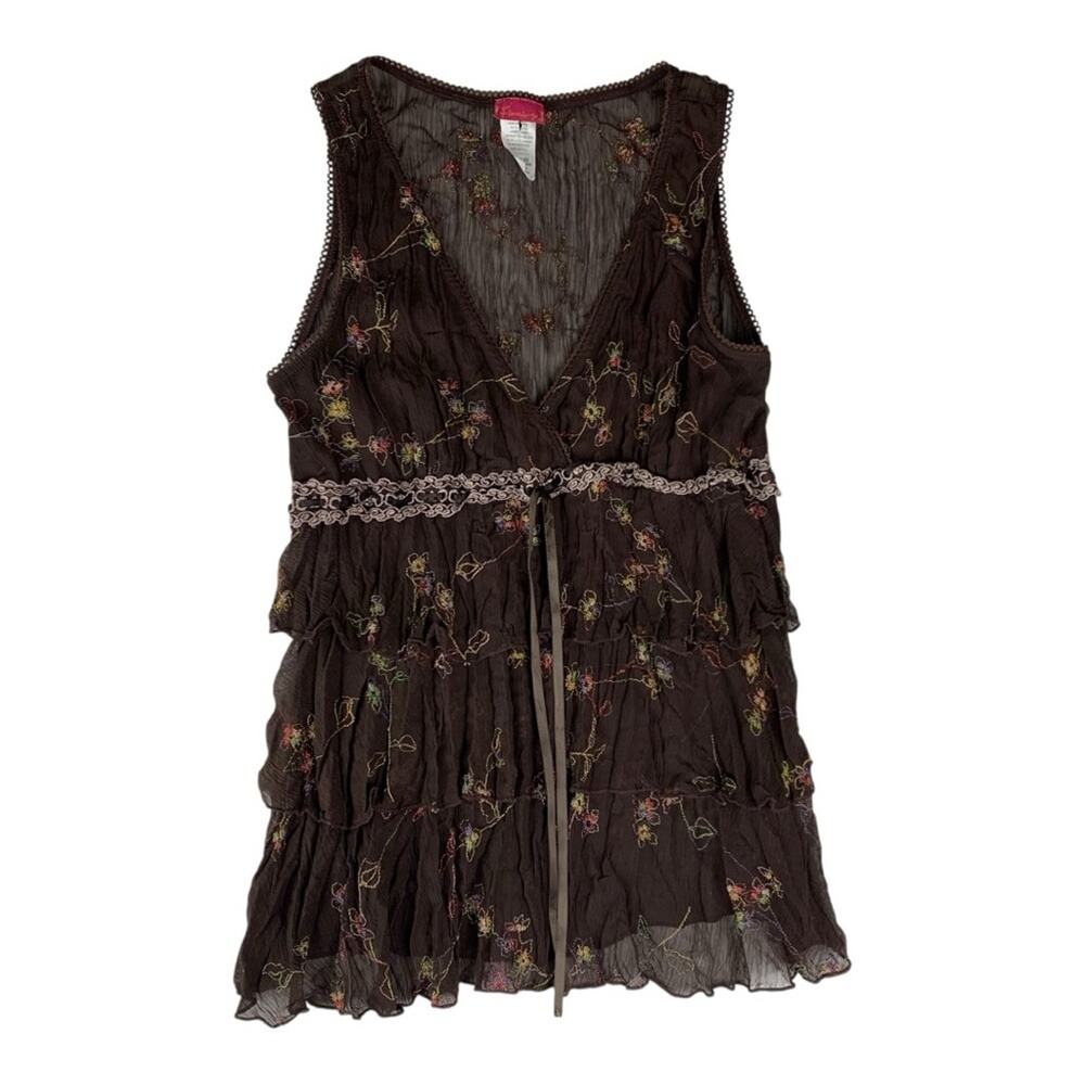 Flamingo size medium tiered vintage Brown Embroidered Top floral boho cottage